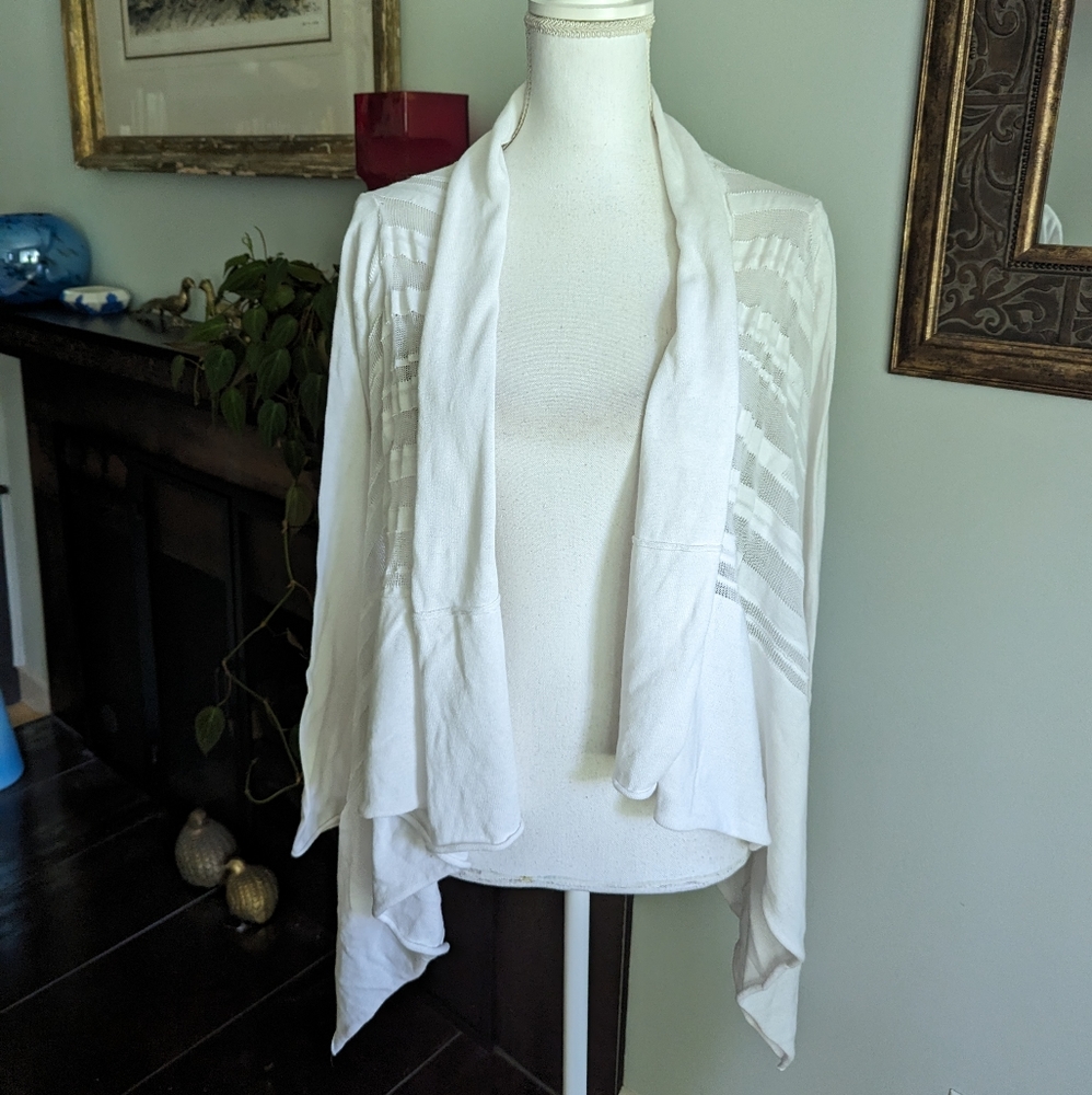 Stella Carakasi S/M Open Front White Cardigan Sweater Tencel Sheer Knit FLAW 139